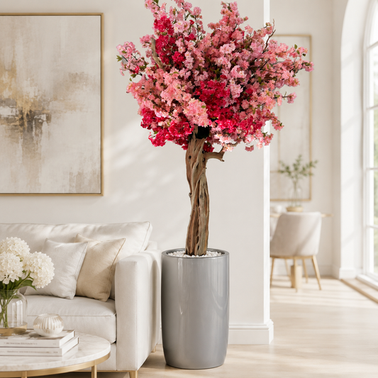 Cerezo Tricolor Rosa en Macetero Lisboa Plateado Brillante para decoración de interiores | Vareluma