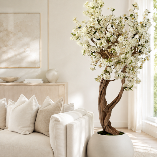 Cerezo Blanco en Jarrón Globo Beige Mate para decoración de interiores | Vareluma