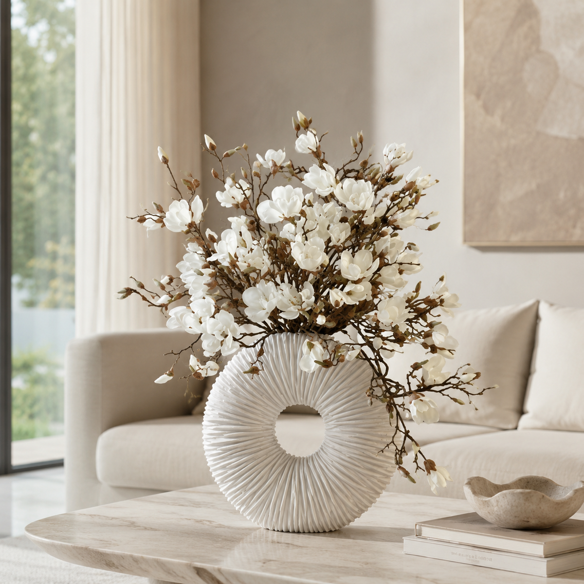 Jarrón Éternité Beige Mate con Magnolias y Madera Flotante