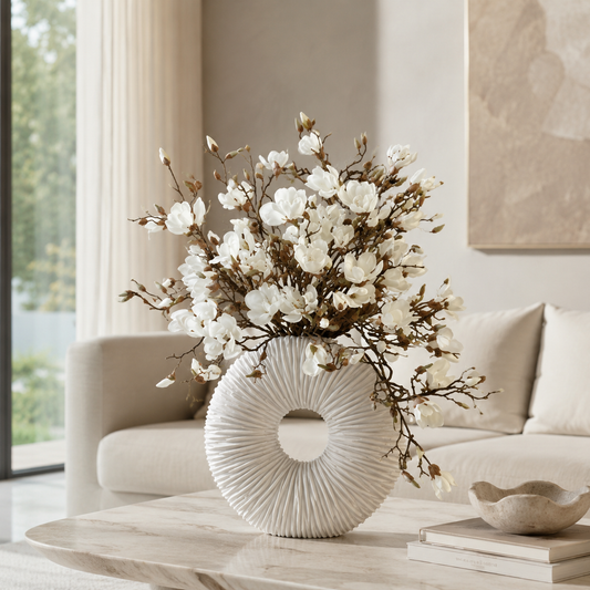 Jarrón Éternité Beige Mate con Magnolias y Madera Flotante para decoración de interiores | Vareluma