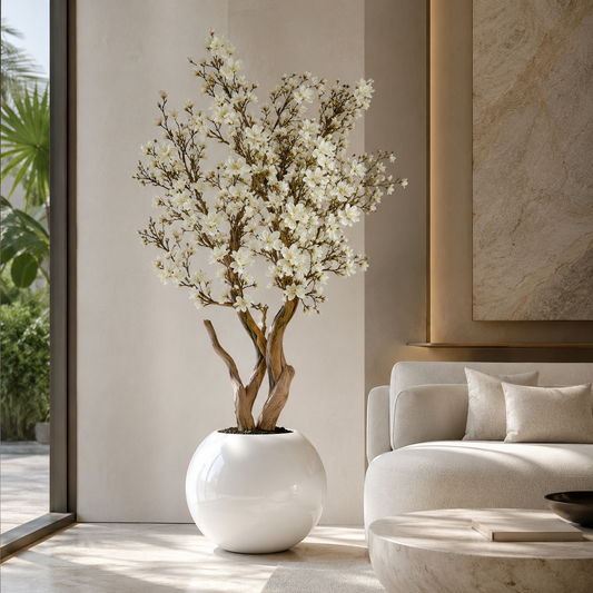 Magnolia Blanca en Jarrón Esférico Lacado para decoración de interiores | Vareluma