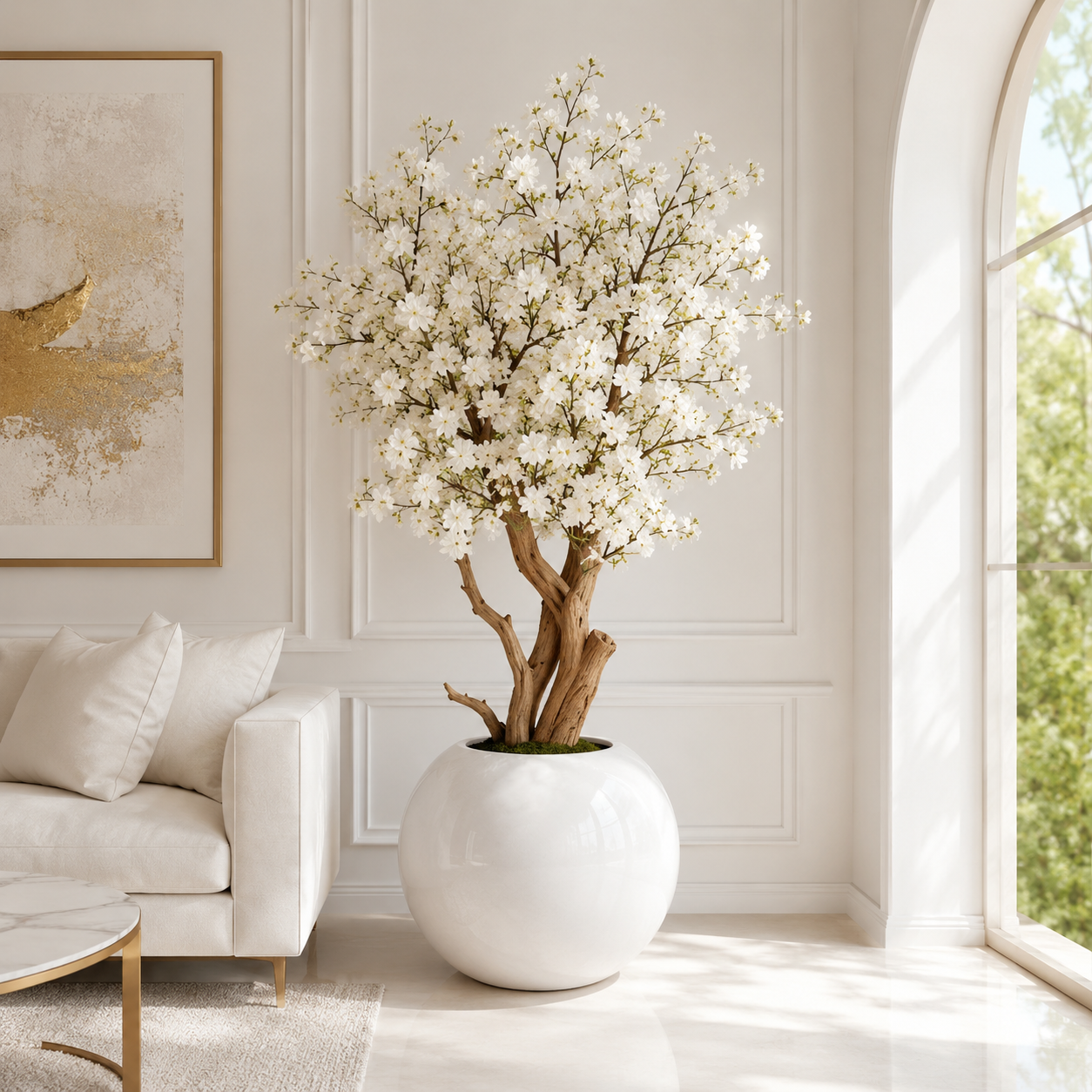 Cerezo Blanco en Jarrón Esférico Lacado para decoración de interiores | Vareluma