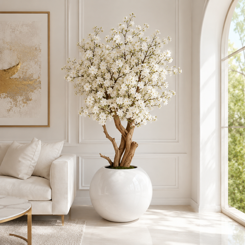 Cerezo Blanco en Jarrón Esférico Lacado para decoración de interiores | Vareluma