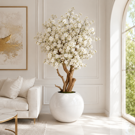 Cerezo Blanco en Jarrón Esférico Lacado para decoración de interiores | Vareluma