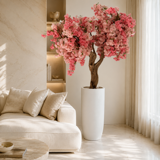 Cerezo Rosa en Macetero Blanco Mate para decoración de interiores | Vareluma
