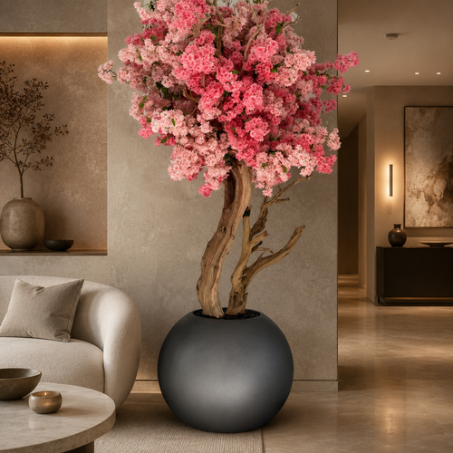 Flores de Cerezo Bicolores en Jarrón Globo Gunmetal Mate para decoración de interiores | Vareluma