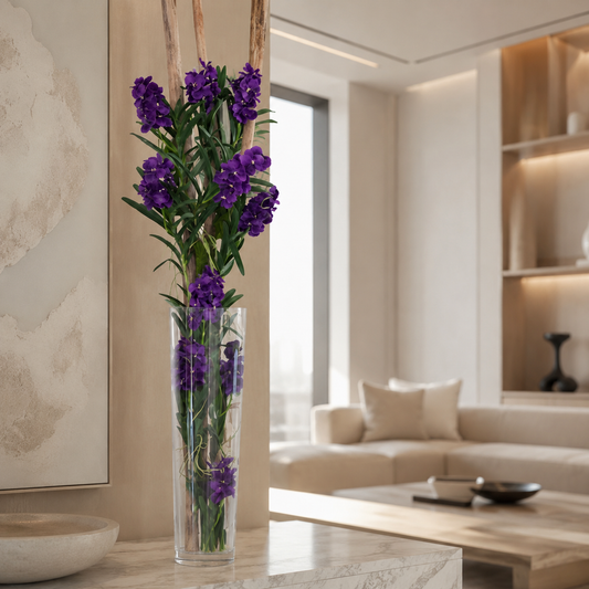 Orquídeas Vanda Púrpuras y Madera Flotante en Cilindro de Vidrio de Gran Formato para decoración de interiores | Vareluma