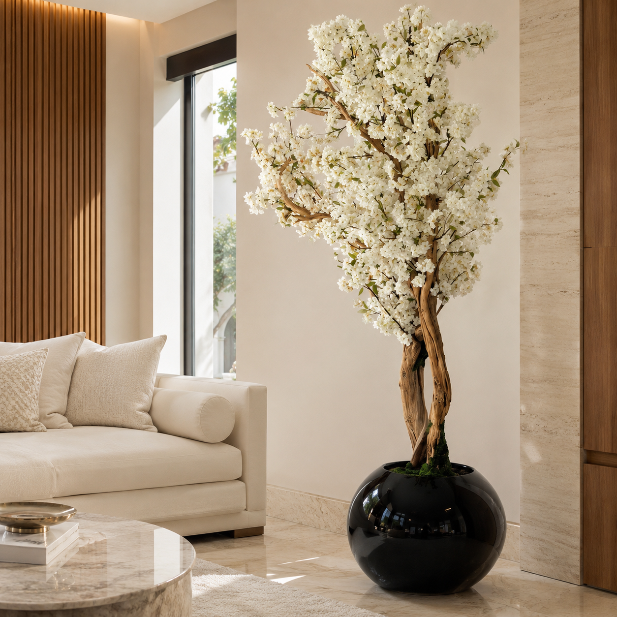 Cerezo Blanco en Jarrón Globo Negro Lacado para decoración de interiores | Vareluma