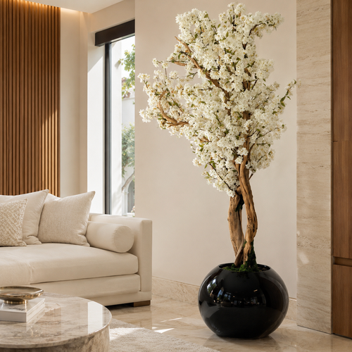 Cerezo Blanco en Jarrón Globo Negro Lacado para decoración de interiores | Vareluma