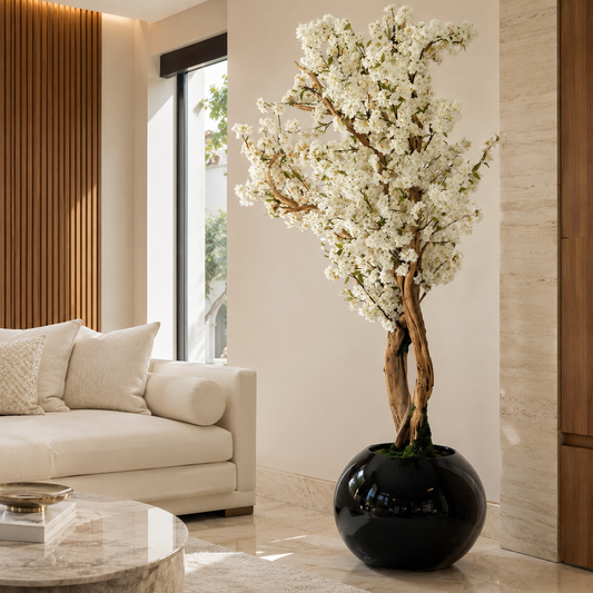 Cerezo Blanco en Jarrón Globo Negro Lacado para decoración de interiores | Vareluma