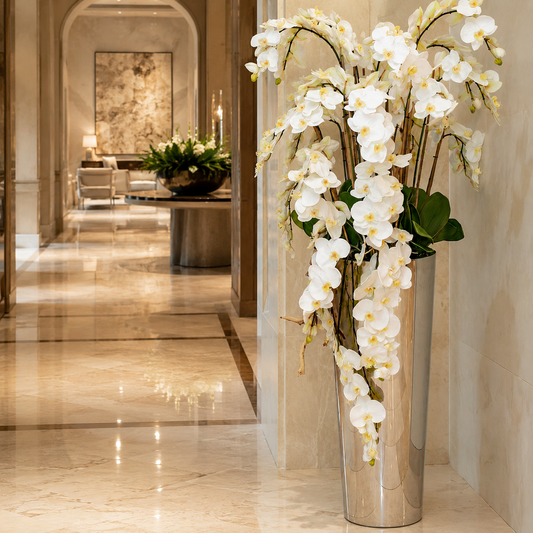 Orquídeas Phalaenopsis en Cascada en Cono Evasado en Acero Inoxidable Pulido para decoración de interiores | Vareluma
