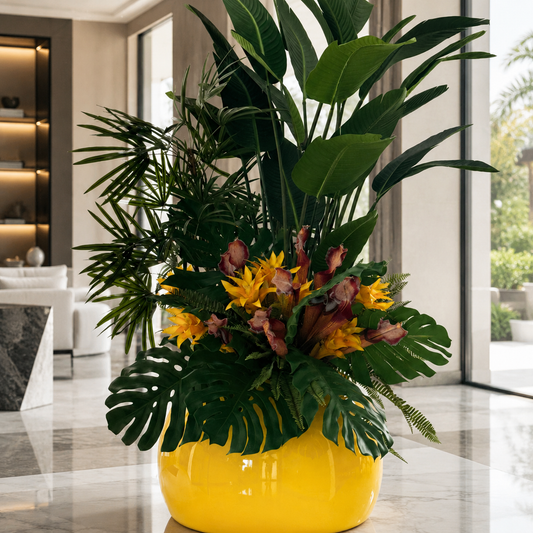 Plantas Tropicales en Jarrón Globo Amarillo Azafrán para decoración de interiores | Vareluma