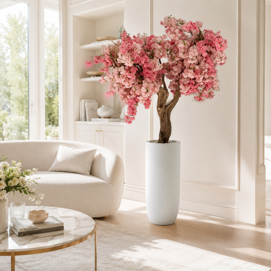Cerezo Rosa en Macetero St. Tropez Blanco Mate para decoración de interiores | Vareluma