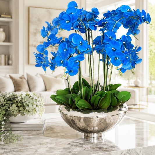 Orquídeas Phalaenopsis Azules en Cuenco Avenue Plateado para decoración de interiores | Vareluma