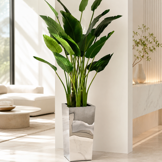 Ave del Paraíso en Macetero Cuadrado Acero Inoxidable Pulido para decoración de interiores | Vareluma