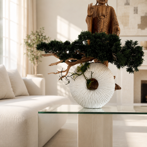 Bonsái Colgante y Madera Flotante en Jarrón Éternité Beige Mate Mediano para decoración de interiores | Vareluma