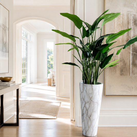 Ave del Paraíso en Macetero Efecto Mármol para decoración de interiores | Vareluma