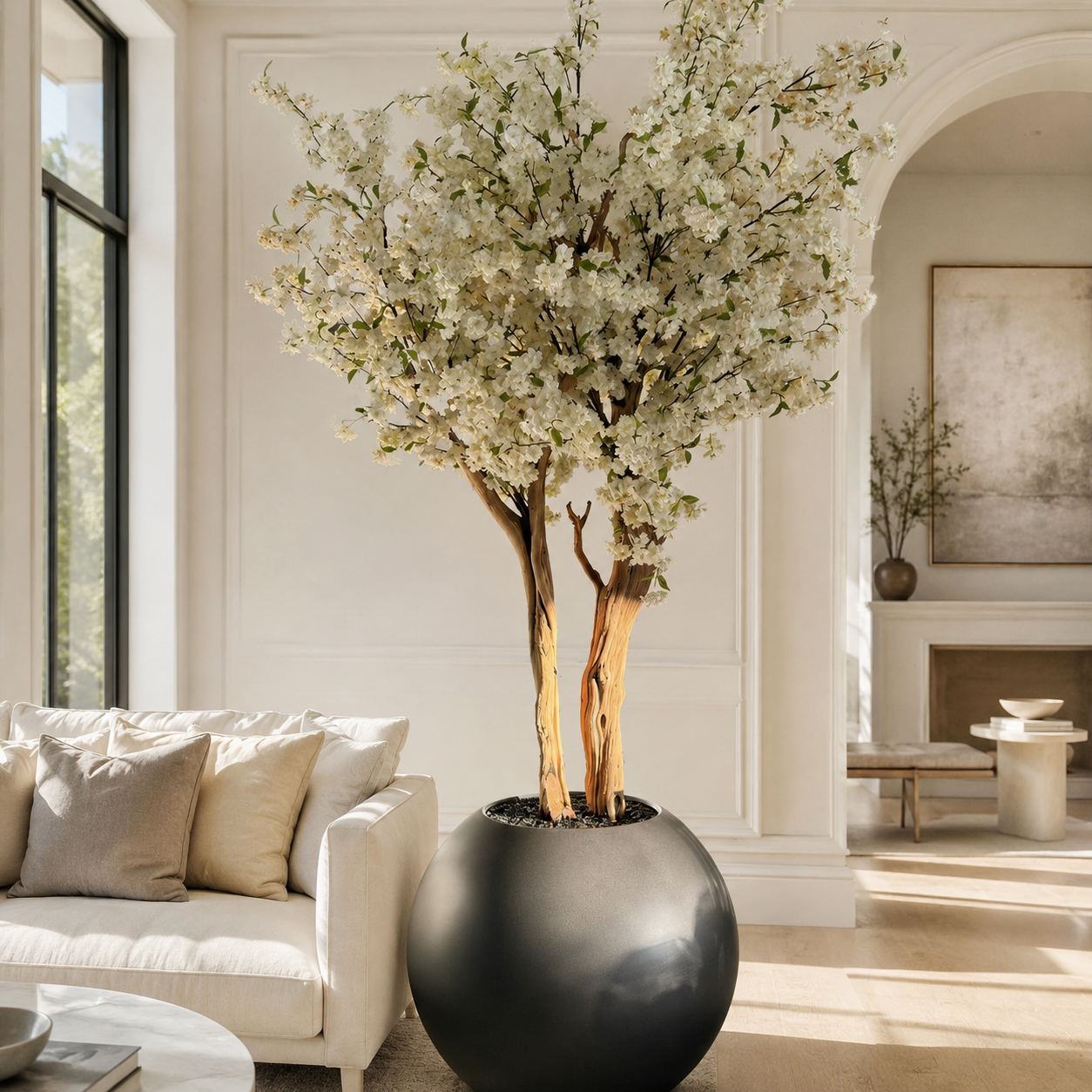 Cerezo Blanco en Jarrón Globo Gunmetal Mate para decoración de interiores | Vareluma