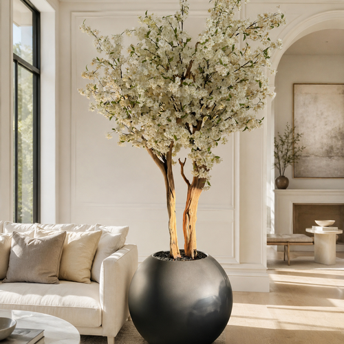 Cerezo Blanco en Jarrón Globo Gunmetal Mate para decoración de interiores | Vareluma