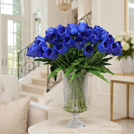 Tulipanes Azules en Urna Cristo para decoración de interiores | Vareluma
