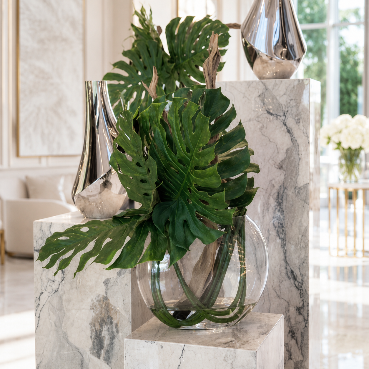 Monstera y Madera Flotante en Jarrón Luna para decoración de interiores | Vareluma
