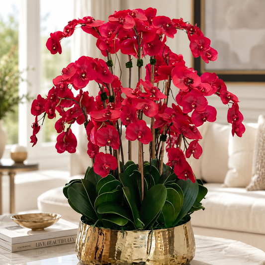 Orquídeas Phalaenopsis Rojas en Macetero Dorado Mediano para decoración de interiores | Vareluma