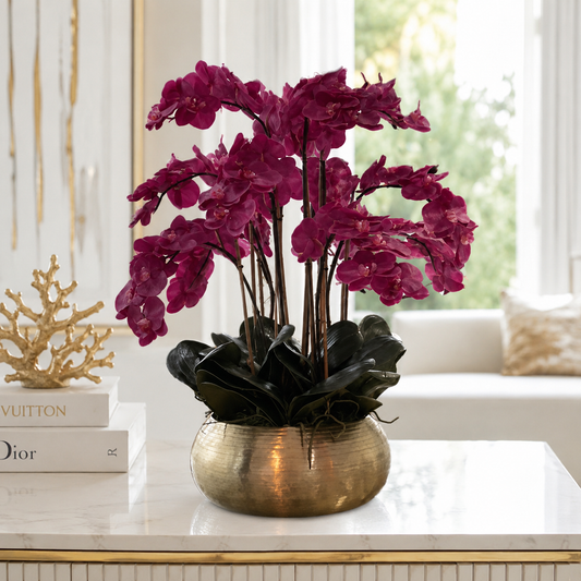 Orquídeas Phalaenopsis Rosas en Cuenco Bowie Dorado para decoración de interiores | Vareluma