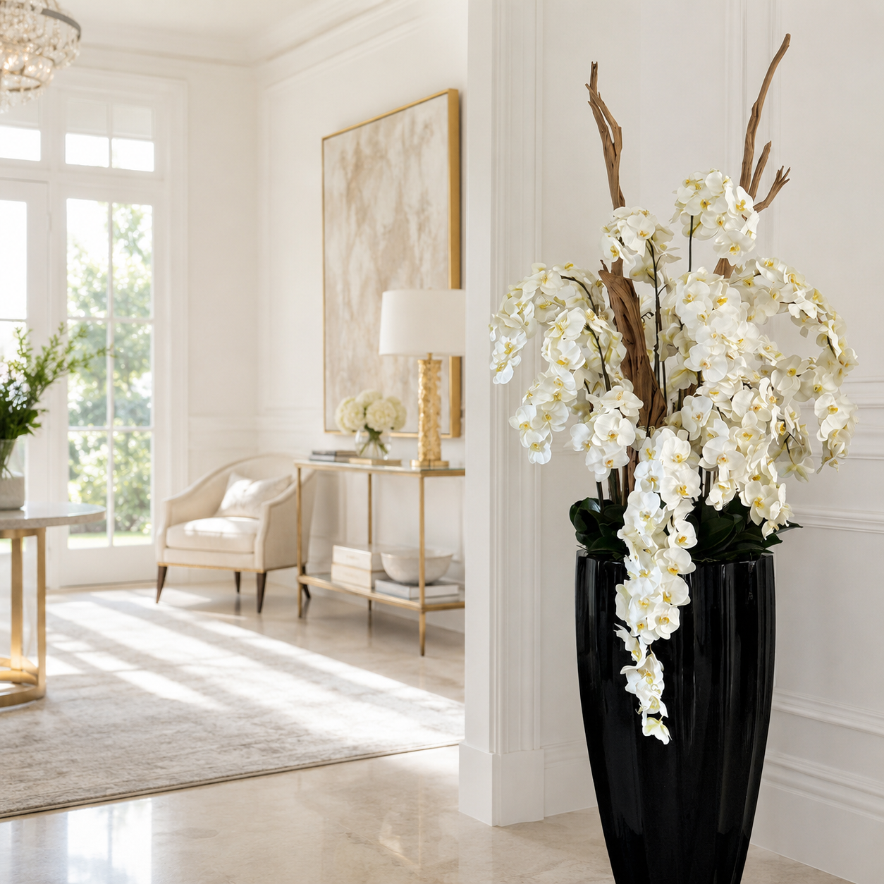 Orquídeas Blancas en Cascada en Macetero San José Negro Lacado para decoración de interiores | Vareluma