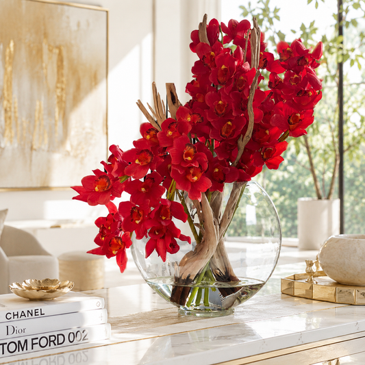 Cymbidiums Rojos en Jarrón Luna para decoración de interiores | Vareluma
