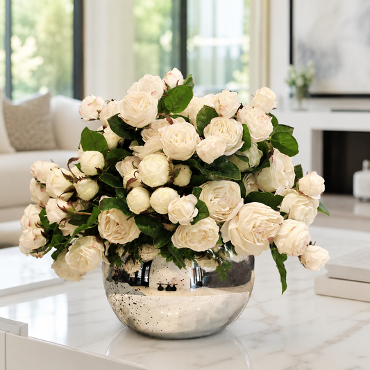 Rosas Inglesas Blancas en Cuenco de Vidrio Mercurizado para decoración de interiores | Vareluma