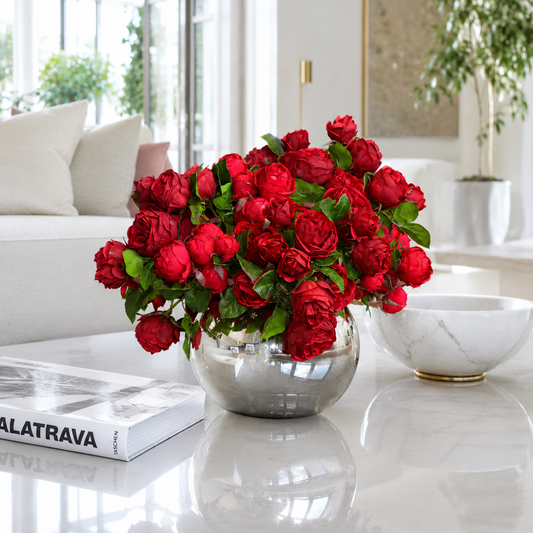 Rosas Inglesas Rojas en Cuenco de Vidrio Mercurizado para decoración de interiores | Vareluma
