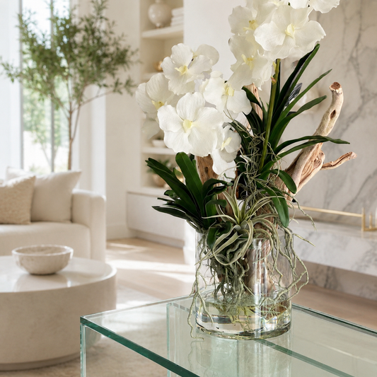 Orquídeas Vanda y Madera Flotante en Cilindro de Vidrio para decoración de interiores | Vareluma