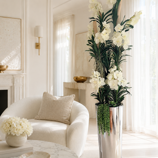 Orquídeas Vanda Blancas en Cono de Acero Inoxidable Pulido para decoración de interiores | Vareluma