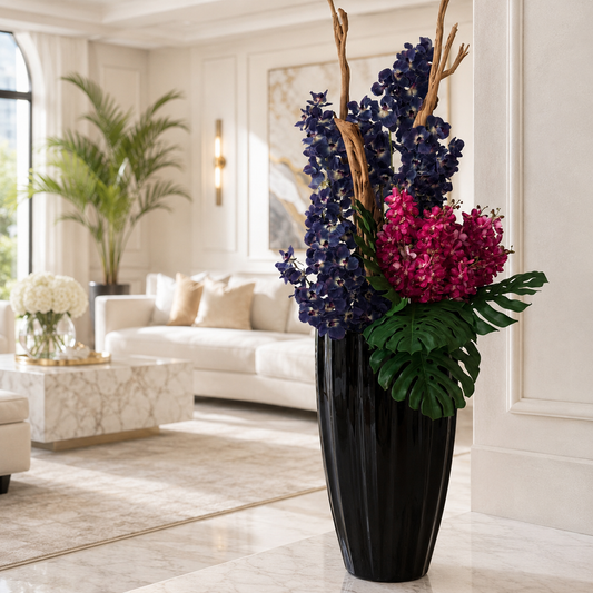 Orquídeas Vanda y Mokara en Macetero San José Negro Lacado para decoración de interiores | Vareluma