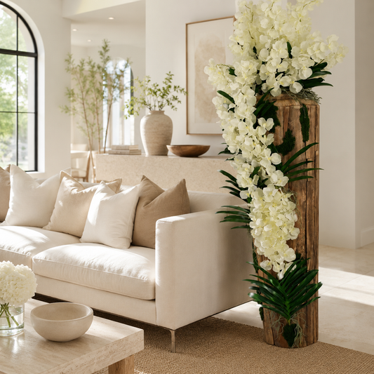 Jarrón de Teca de Borde Natural con Orquídeas Vanda Blancas para decoración de interiores | Vareluma